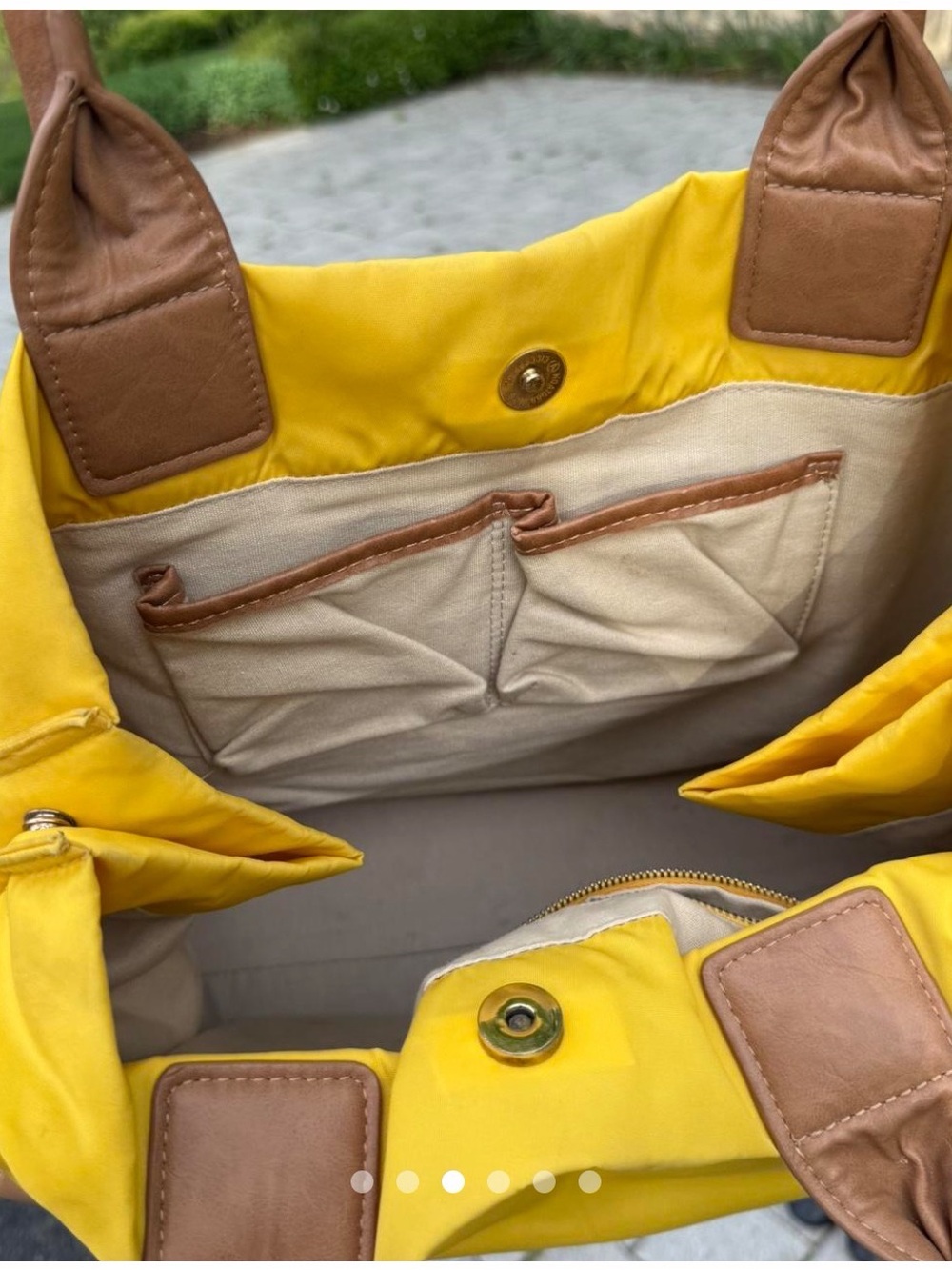 Tory Burch Bright Yellow Nylon Tote with Tan Leather Logo - Picture 3 of 4